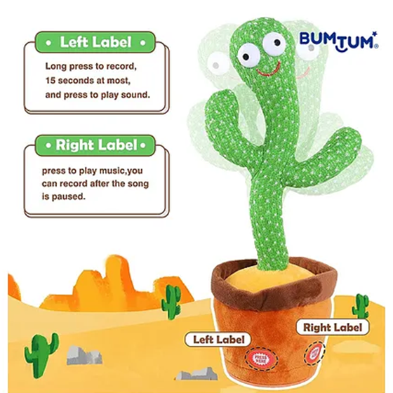 Talking Dancing Cactus Toy – Rechargeable Plush Toy with Music, Dance, and Voice Repeat Function for Kids 3+ Years - Don't Cry