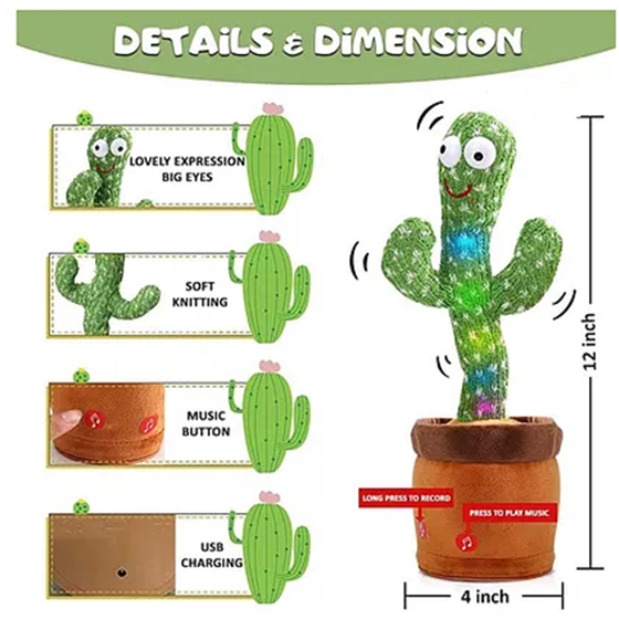 Talking Dancing Cactus Toy – Rechargeable Plush Toy with Music, Dance, and Voice Repeat Function for Kids 3+ Years - Don't Cry
