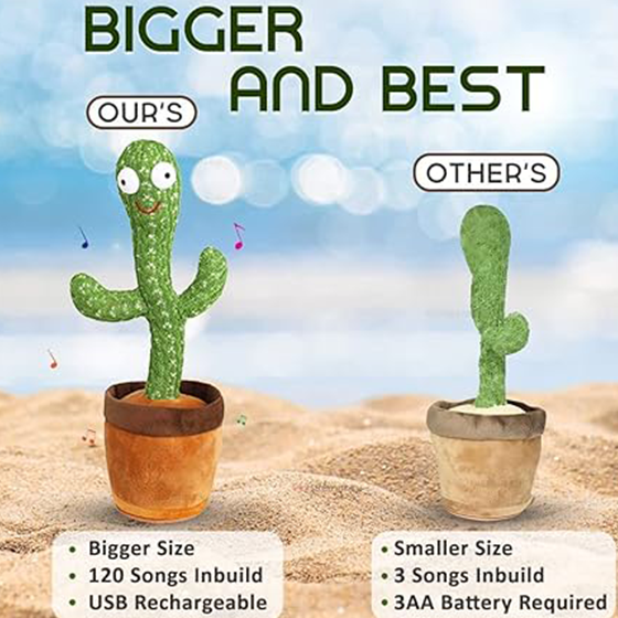 Talking Dancing Cactus Toy – Rechargeable Plush Toy with Music, Dance, and Voice Repeat Function for Kids 3+ Years - Don't Cry