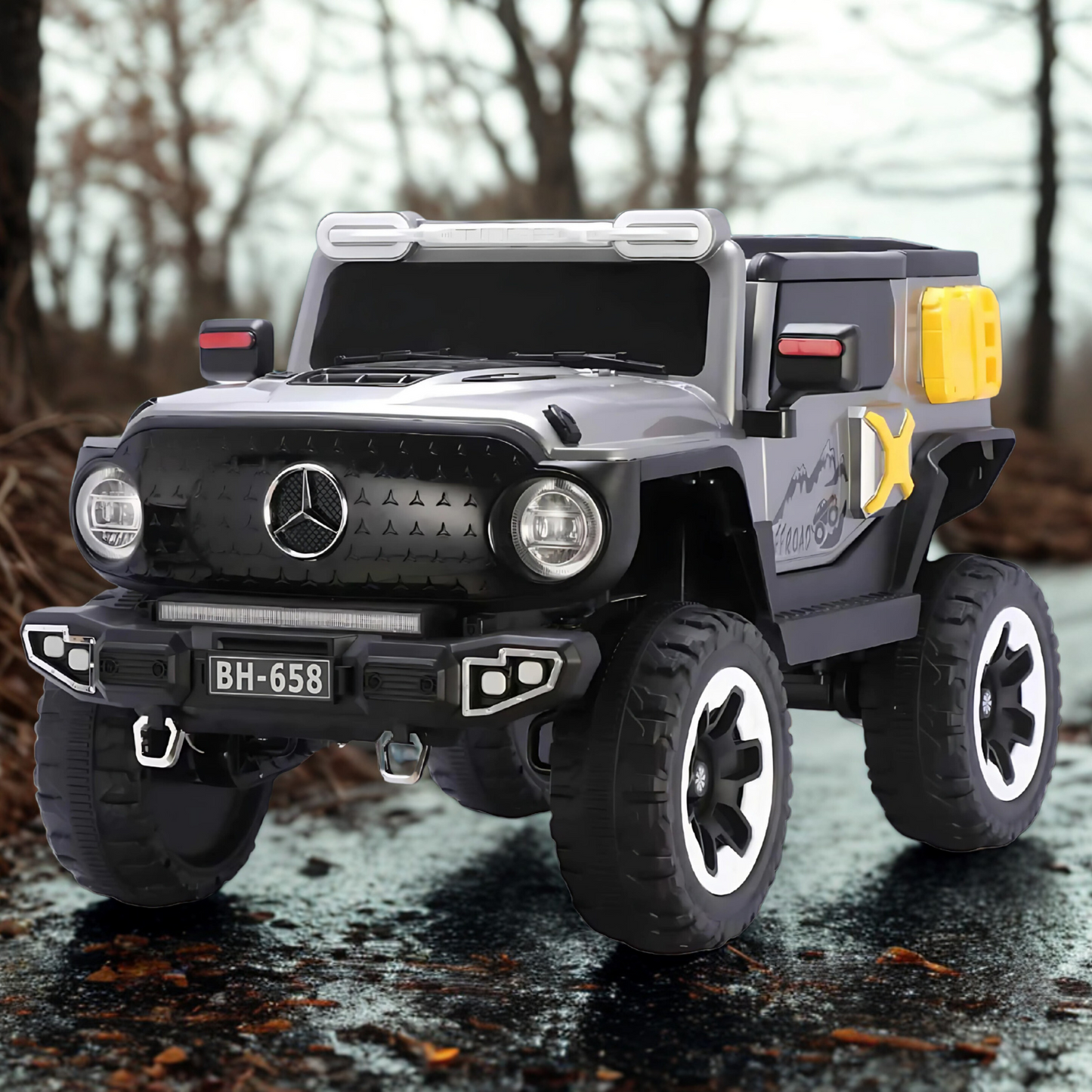 Battery-powered kids car with metallic finish and Bluetooth control