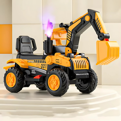 Child driving JCB Rider 2025 electric car, safe and fun ride-on toy from Don’t Cry Toys.