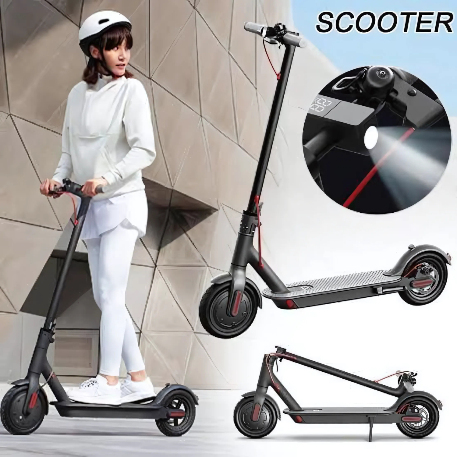 Aluminum frame electric scooter with LED lights and adjustable gears for comfortable riding.